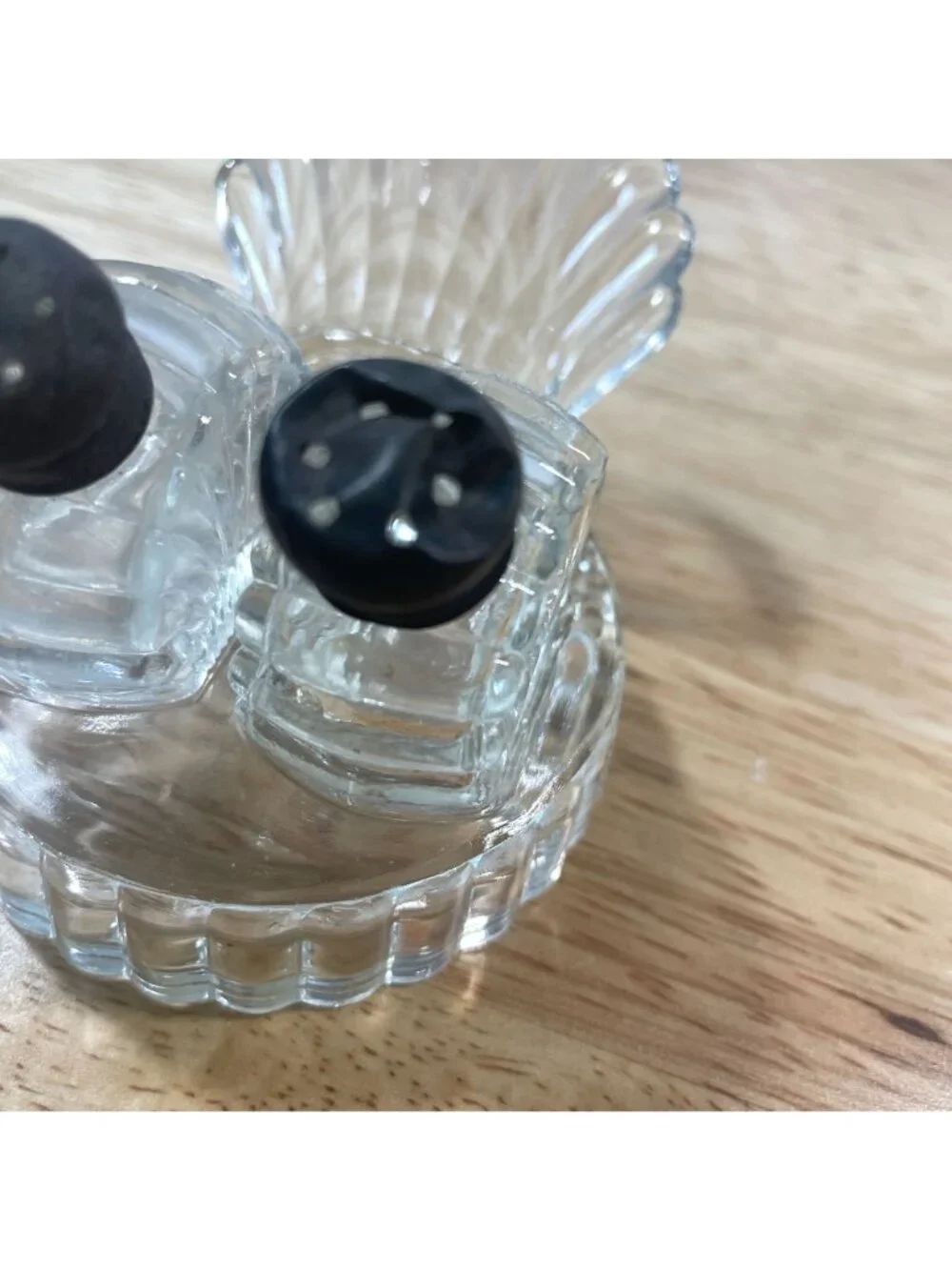 Vintage Mini Art Deco Clear Glass Salt and Pepper Shakers with Seashell Holder